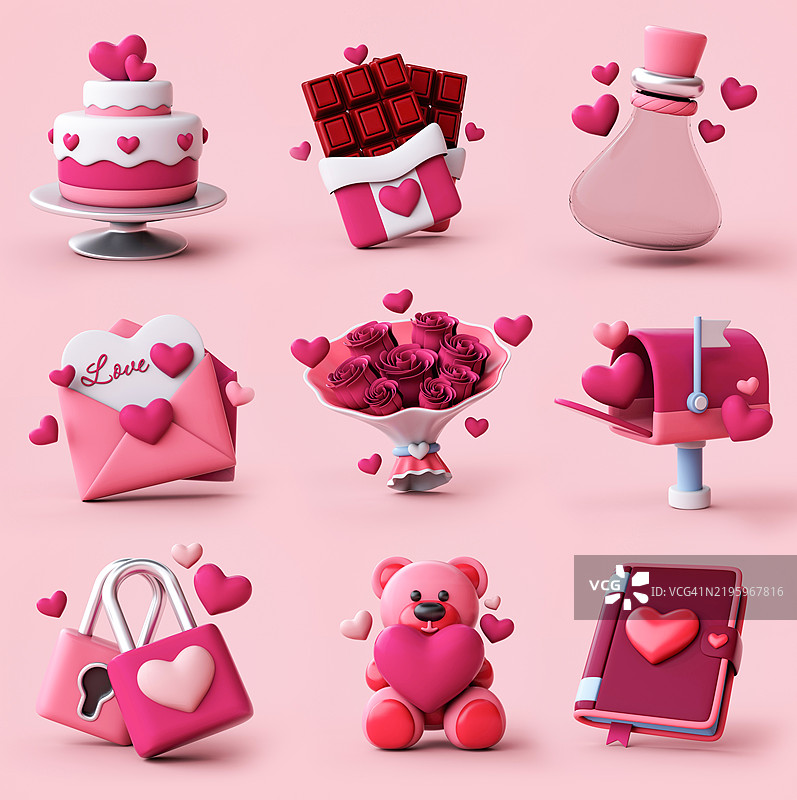 情人节和爱情纪念日的3D渲染图标集，情人节概念。图片素材