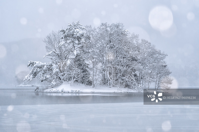 小野川湖深处的雪花飘落图片素材