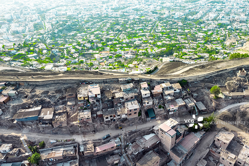 利马城市的空中视角，富裕与贫困社区分隔明显图片素材