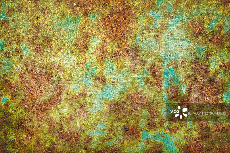 棕绿色磨损墙面纹理 - 风化的生锈背景，受损的背景图片素材