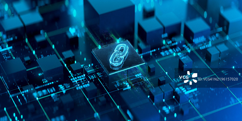 链条概念。未来背景上的链条符号。生产力演变。在科技进步和创新的世界中，未来主义链条图标。图片素材