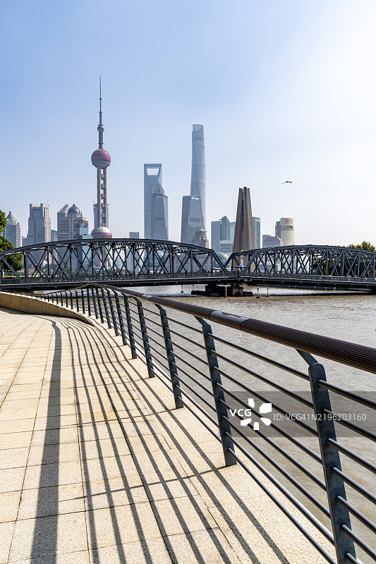苏州河滨步道与陆家嘴天际线图片素材