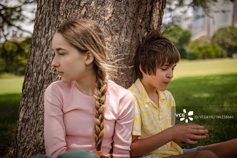 孩子们在悉尼的树下放松，享受阳光明媚的周末，与家人亲密互动。图片素材