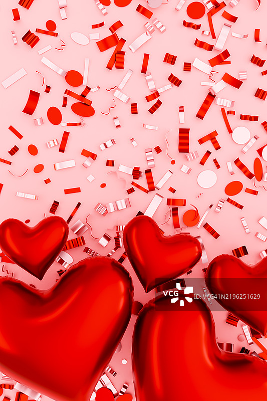 情人节节日竖幅横幅。明亮的红色3D心形和五彩纸屑在粉色背景上。留有文本和设计的空间，空白区域。爱的概念，周年庆祝，浪漫。图片素材