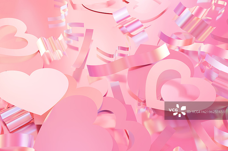 情人节背景，适用于浪漫主题设计。节日横幅。全息粉色各种心形装饰，五彩纸屑飘落。3D图案。周年纪念概念，爱情，浪漫。图片素材
