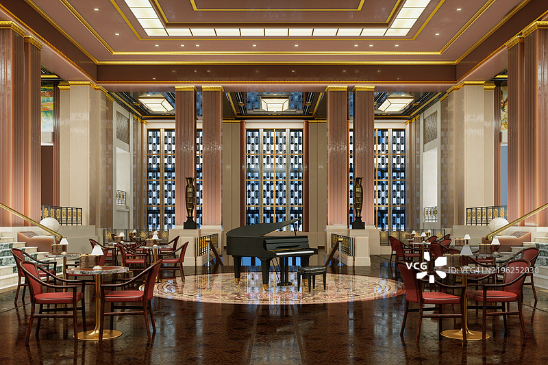 豪华餐厅内部，配有大钢琴，空桌椅图片素材