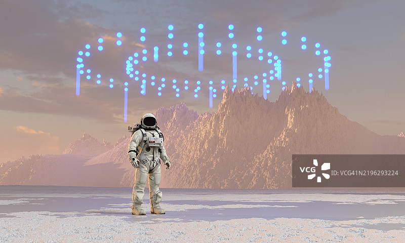 宇航员在偏远星球上观察不明飞行物图片素材