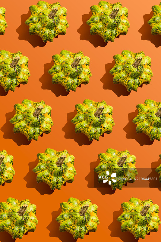 绿色南瓜在橙色背景上的排列图案图片素材