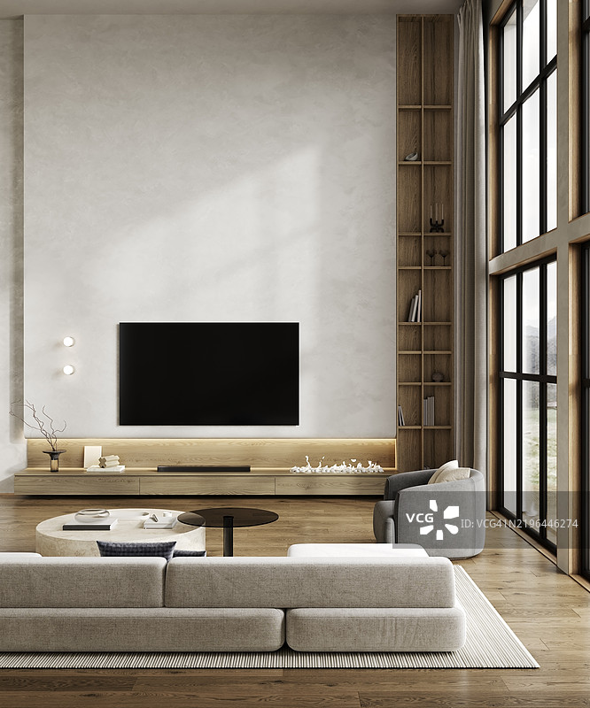 现代明亮的客厅室内模型，配有灰色沙发、咖啡桌、时尚装饰和大窗户图片素材