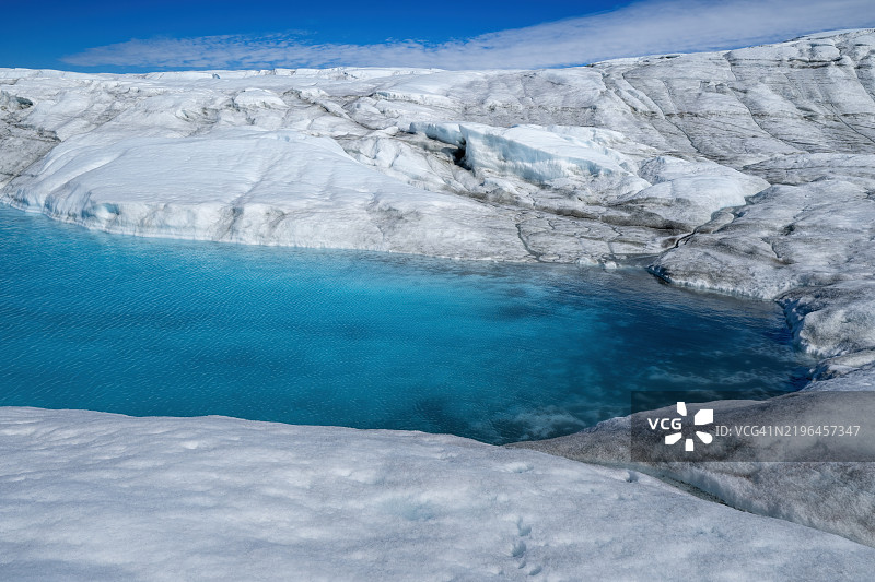 格林兰冰盖内的绿松石色冰川湖泊风景，令人惊叹的冰层形成，位于卡根鲁斯瓦克地区，探险期间拍摄。图片素材