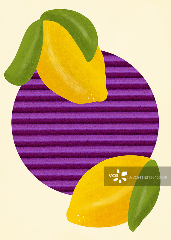 米色背景下的紫色圆圈中的柠檬图片素材