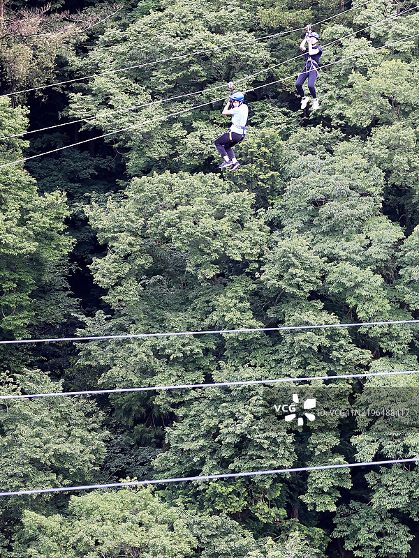 两个男孩在三岛天空桥滑索上图片素材