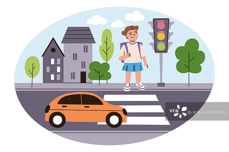 儿童在斑马线上过马路，交通信号灯和行驶中的汽车。城市背景有建筑、树木和天空。儿童的道路安全。平面卡通风格的女学生。图片素材