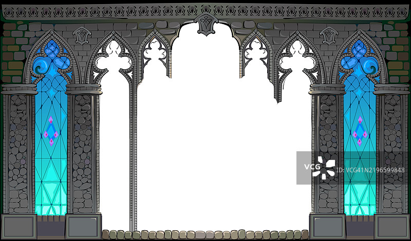 戏剧场景的素描。幻想哥特式石墙的插图，置身于童话般的环境中。儿童书籍的封面。计算机游戏的背景，壁纸，剧院装饰。矢量图。图片素材