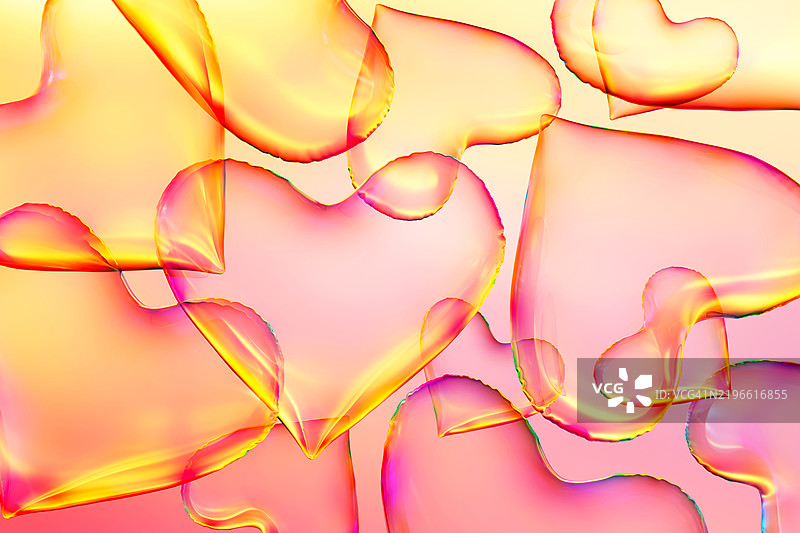 情人节节日横幅。透明的多彩3D心形图案，背景为生动的渐变黄粉色。留有文字空间，适合文案使用。表达爱意、浪漫、2月14日、纪念日的概念。图片素材