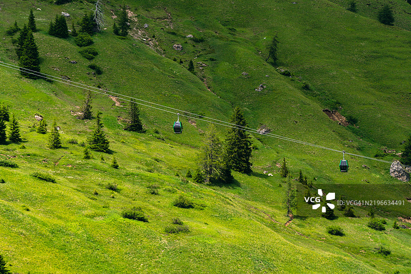 电梯视角，滑雪缆车通行证，缆车，塞拉山脉绿色山丘。意大利多洛米蒂，阳光明媚的夏日，蓝天。图片素材