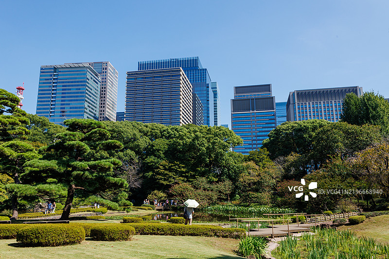 日本东京 – 2024年10月2日：从皇居外苑看到的摩天大楼图片素材