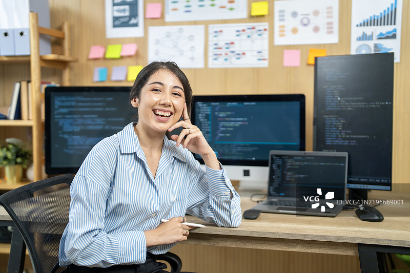 年轻快乐的程序员在现代办公室工作区，面前有多台显示屏图片素材