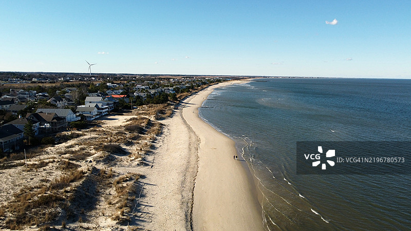 德拉瓦州路易斯/萨凡纳海滩的白天无人机拍摄。图片素材