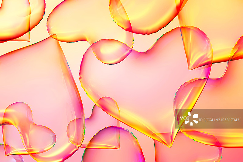 情人节节日横幅。透明的多彩3D心形图案，背景为生动的渐变黄粉色。留有文字空间，适合文案使用。表达爱意、浪漫、2月14日、纪念日的概念。图片素材
