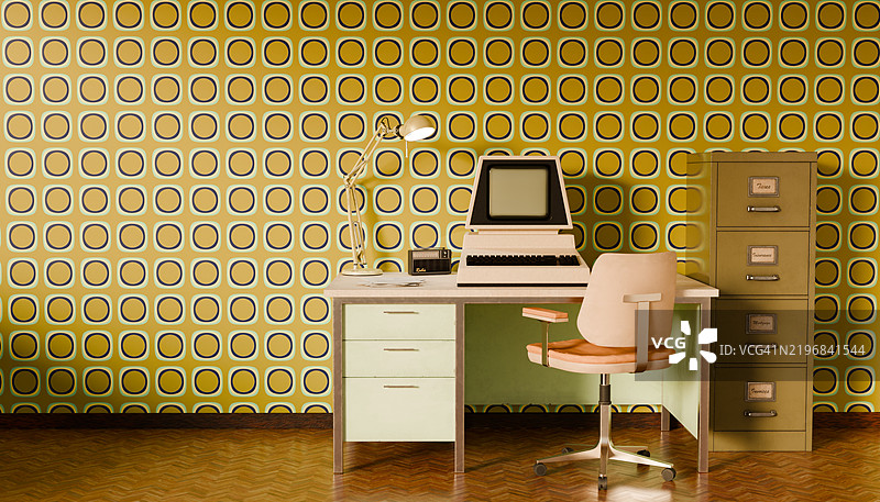 复古办公室，配有老式电脑和收音机 - 怀旧的木地板工作空间图片素材