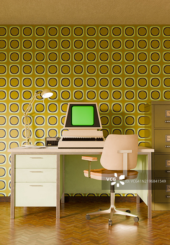 正面视角的复古办公室，配有绿幕电脑 - 复古工作空间图片素材