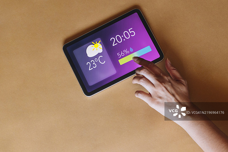手指触摸显示天气预报、温度、湿度和时间的平板电脑图片素材