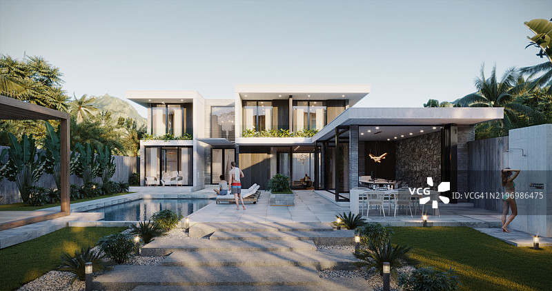 现代奢华别墅，配有游泳池和户外生活空间图片素材
