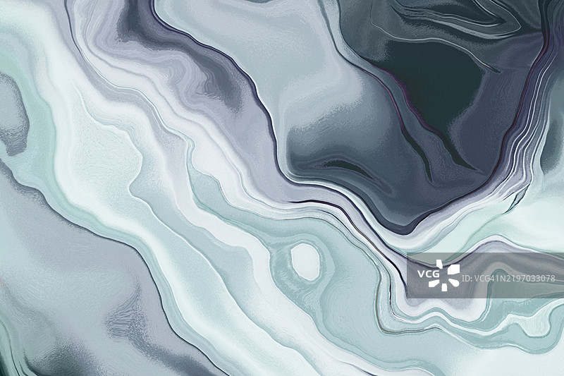 优雅的抽象大理石纹理，冷色调。流畅的抽象设计，灰色、白色和青色的柔和旋转图案，类似于大理石。宁静而精致的视觉效果，完美适合背景和装饰。图片素材
