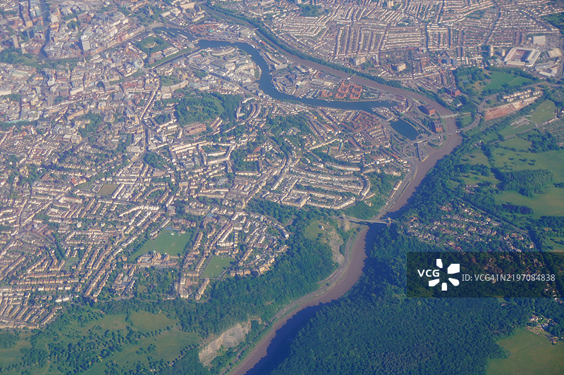 阿冯峡谷，克利夫顿悬索桥，飞机视角，布里斯托，英国图片素材