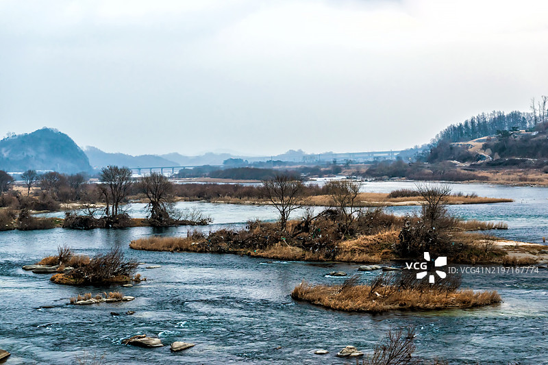 冬季宁静的河流岛屿与树木图片素材