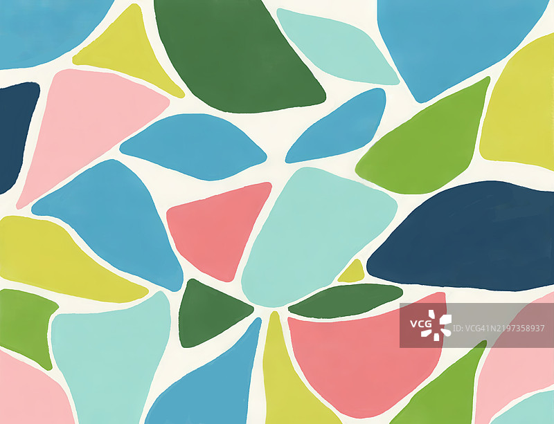 色彩斑斓的抽象图案，带有有机春叶几何形状。生动的抽象图案展示了蓝色、绿色、粉色和黄色调的不规则有机形状，营造出一种俏皮而现代的艺术构图。图片素材
