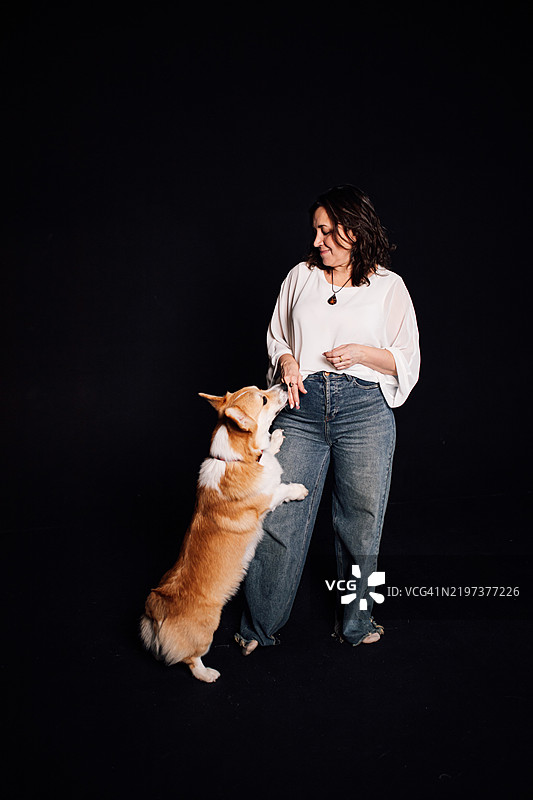 女子在工作室环境中与柯基犬玩耍图片素材