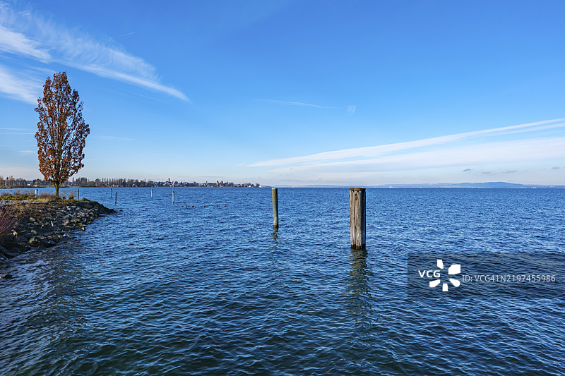 宁静的湖泊，蓝天，树木环绕，位于瑞士图尔高州的康斯坦茨湖，欧洲图片素材