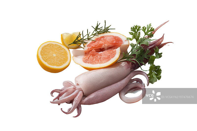 盘子上的煮鱿鱼和白色背景图片素材