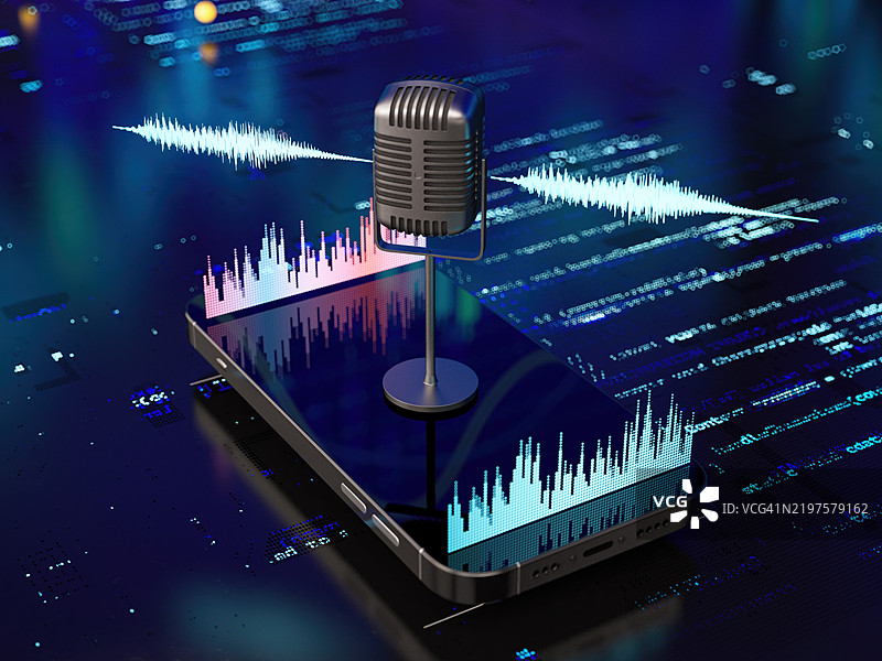 复古麦克风与现代智能手机及声波全息图。播客或语音录音概念图片素材