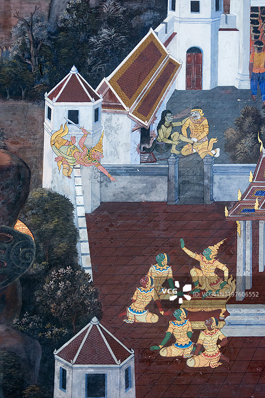 大皇宫场景，来自史诗《拉玛坚》，位于玉佛寺。图片素材