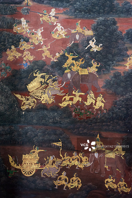 在玉佛寺的史诗《拉玛坚》中的战斗场景。图片素材
