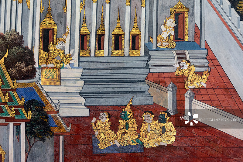 大皇宫场景，来自史诗《拉玛坚》，位于玉佛寺。图片素材