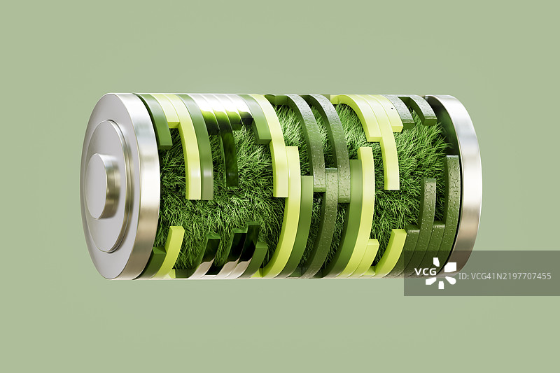 从内部长出草的电池，可持续能源概念图片素材