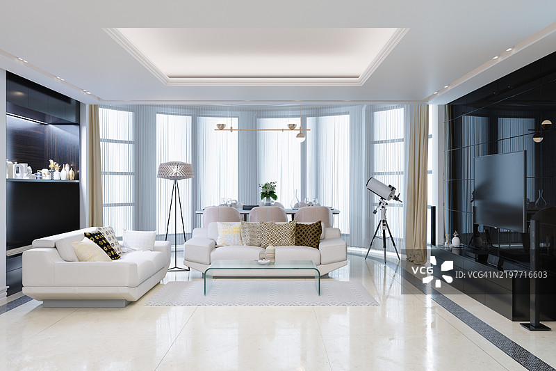 豪华客厅室内设计，配有沙发、咖啡桌、落地灯、望远镜和电视侧面视图图片素材