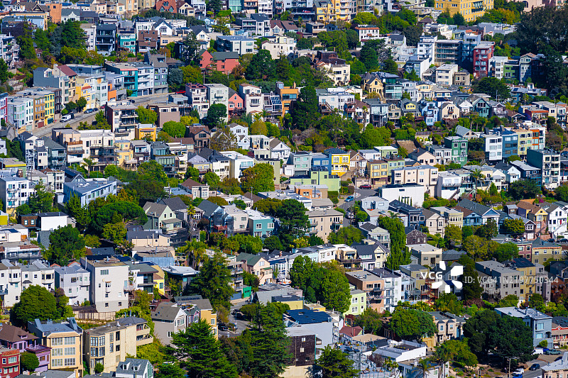 旧金山色彩斑斓的住宅区鸟瞰图图片素材