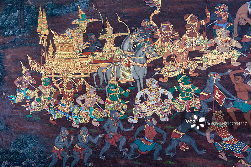 大皇宫场景，来自史诗《拉玛坚》在玉佛寺。图片素材