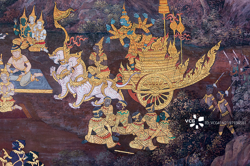 大皇宫场景，来自史诗《拉玛坚》，位于玉佛寺。图片素材