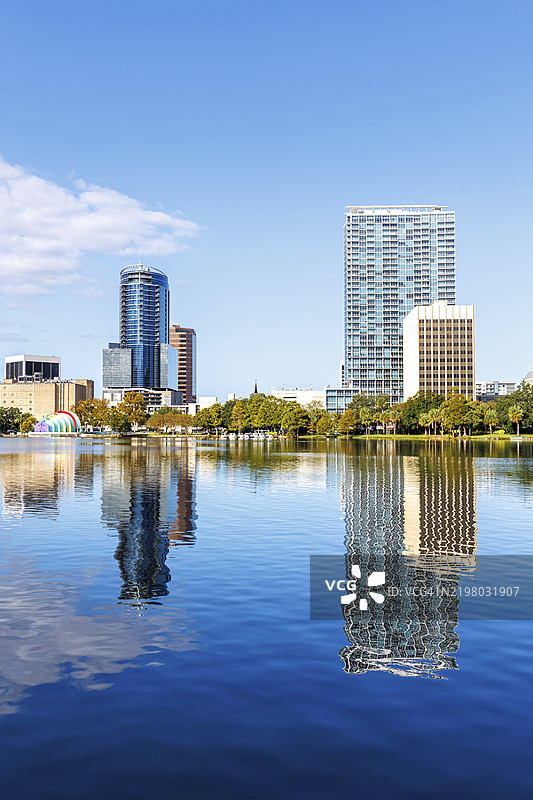 佛罗里达州奥兰多市秋季的伊欧拉湖公园湖畔天际线，北美图片素材