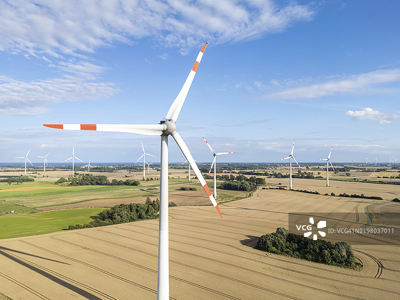 德国海利根哈芬附近的波罗的海风电场中的风力涡轮机，鸟瞰图，展示可再生能源和风能。图片素材