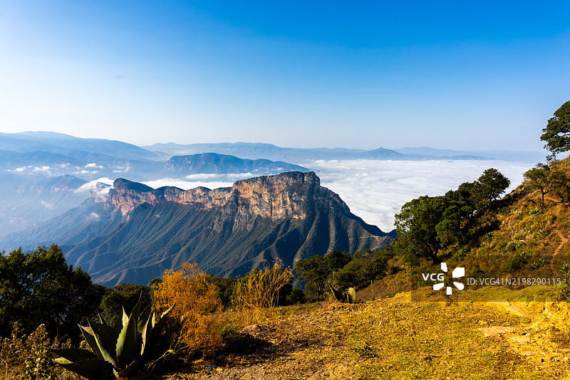 墨西哥日出时分，云雾环绕的山脉风景。图片素材