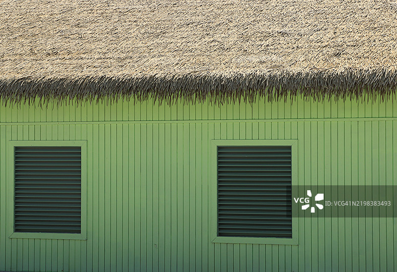 一栋茅草屋顶建筑的绿色木墙上有两个窗户图片素材