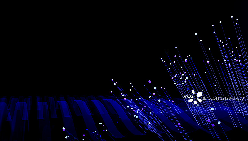 五彩斑斓的粒子在深蓝色的数字景观上流动图片素材