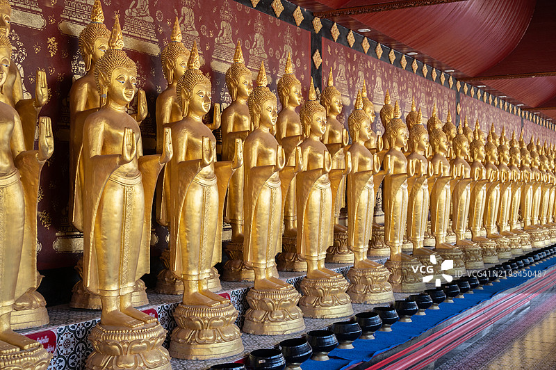 位于老挝博凯省的斯里东萨克寺的多尊站立佛像。图片素材